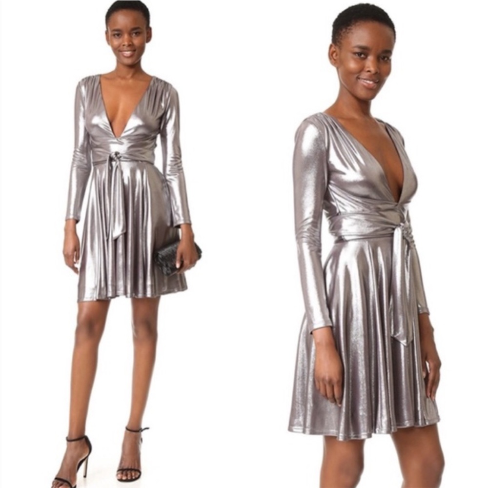 HALSTON HERITAGE Metallic Silver Plunge Neckline Mini Dress